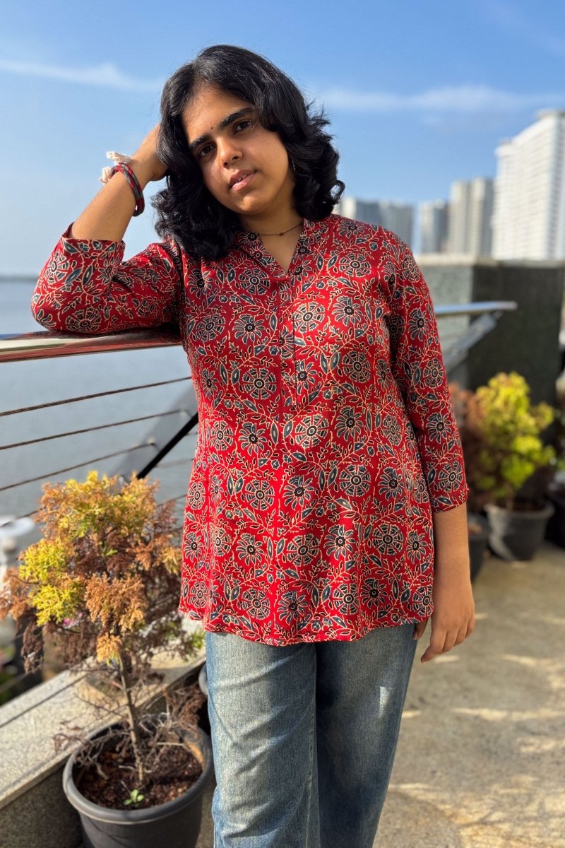 Red Spring Modal Ajrakh Short Top - Lobha Deepthis