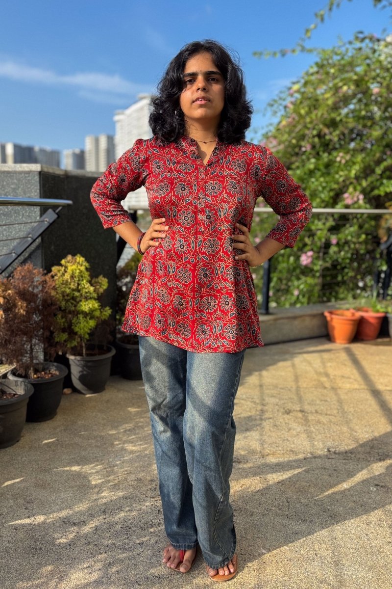 Red Spring Modal Ajrakh Short Top - Lobha Deepthis