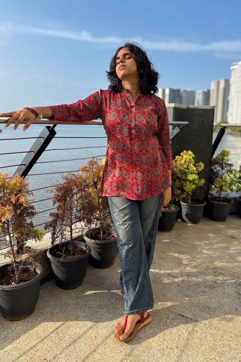 Red Spring Modal Ajrakh Short Top - Lobha Deepthis