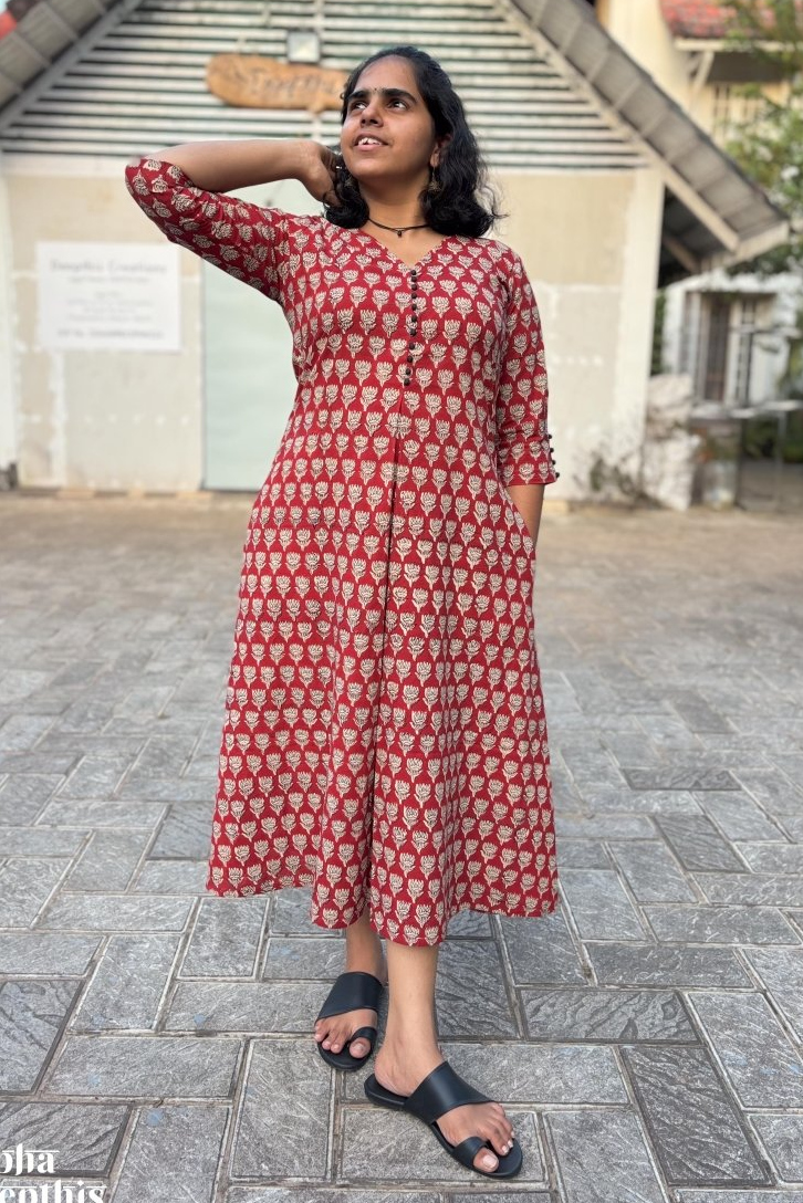 Rubia Red Bagru Hand Block Printed Box Pleated Dress- Lobha Deepthis