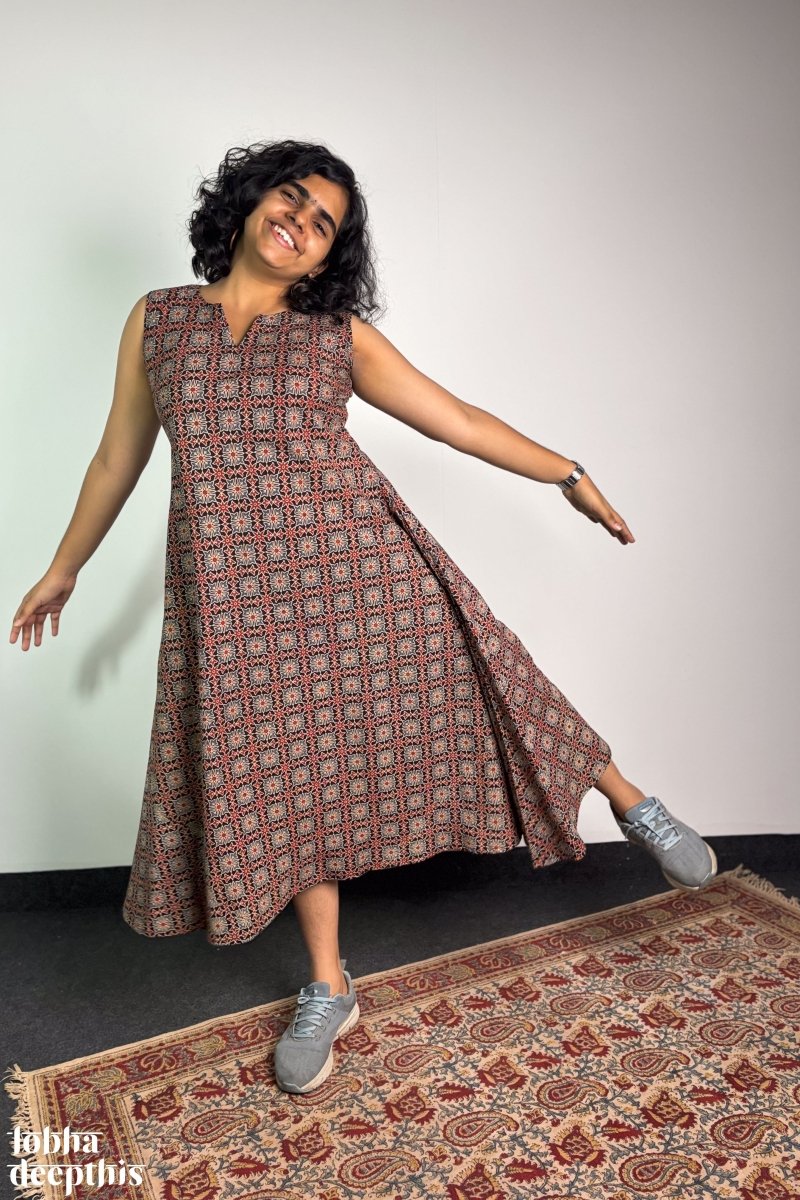 Tara Black Ajrakh Cross Cut Dress - Lobha Deepthis