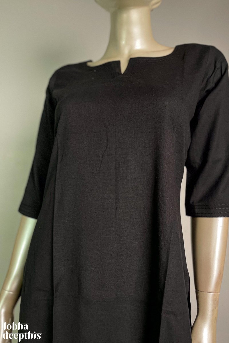 Black Cotton Flex Round Neck Kurta - Lobha Deepthis