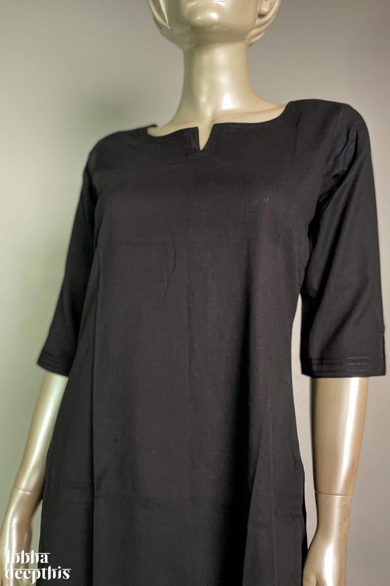 Black Cotton Flex Round Neck Kurta - Lobha Deepthis