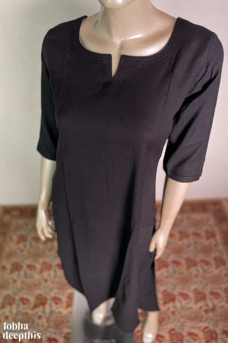 Black Cotton Flex Round Neck Kurta - Lobha Deepthis