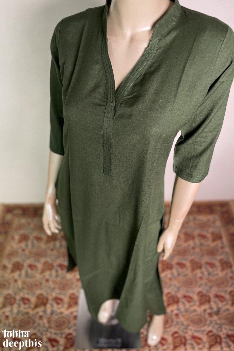 Bottle Green Cotton Flex Collar Kurta - Lobha Deepthis
