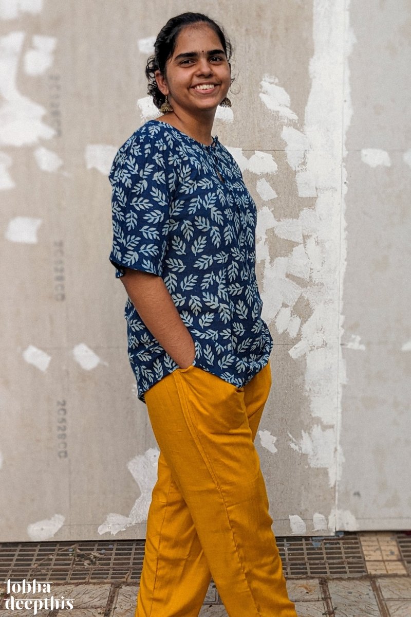 Leaves on Indigo Keyhole Neck Short Top - Lobha Deepthis