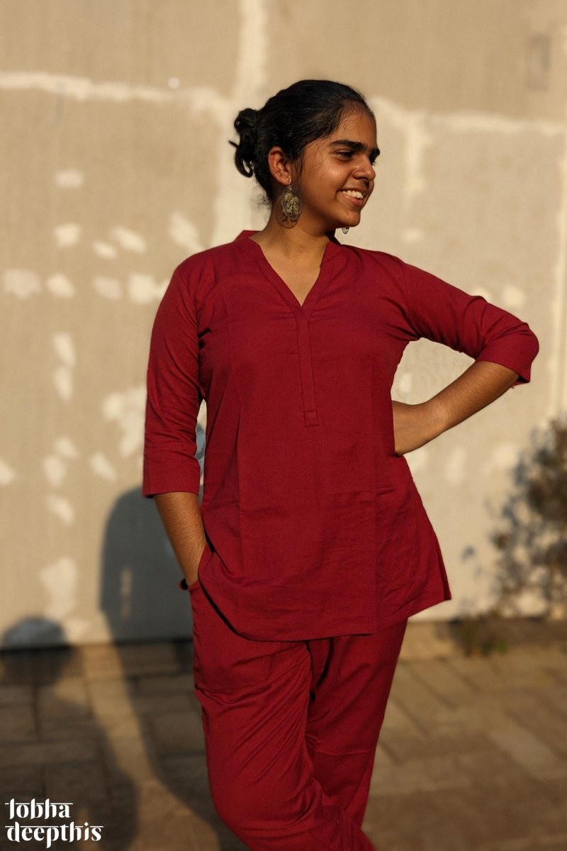 Maroon Cotton Flex Short Collar Kurti - Lobha Deepthis