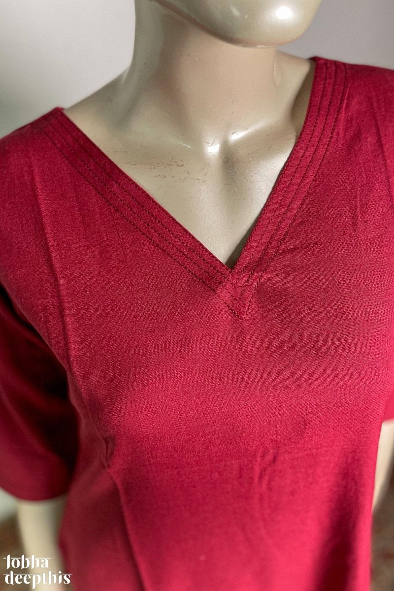 Maroon Cotton Flex V Neck Kurta - Lobha Deepthis