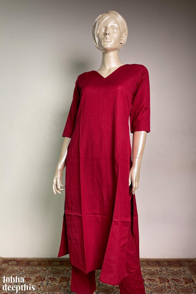 Maroon Cotton Flex V Neck Kurta - Lobha Deepthis