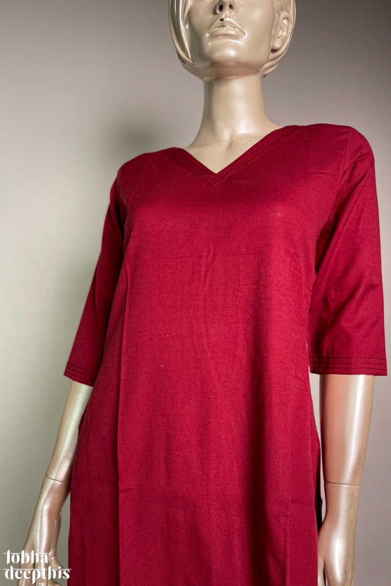 Maroon Cotton Flex V Neck Kurta - Lobha Deepthis