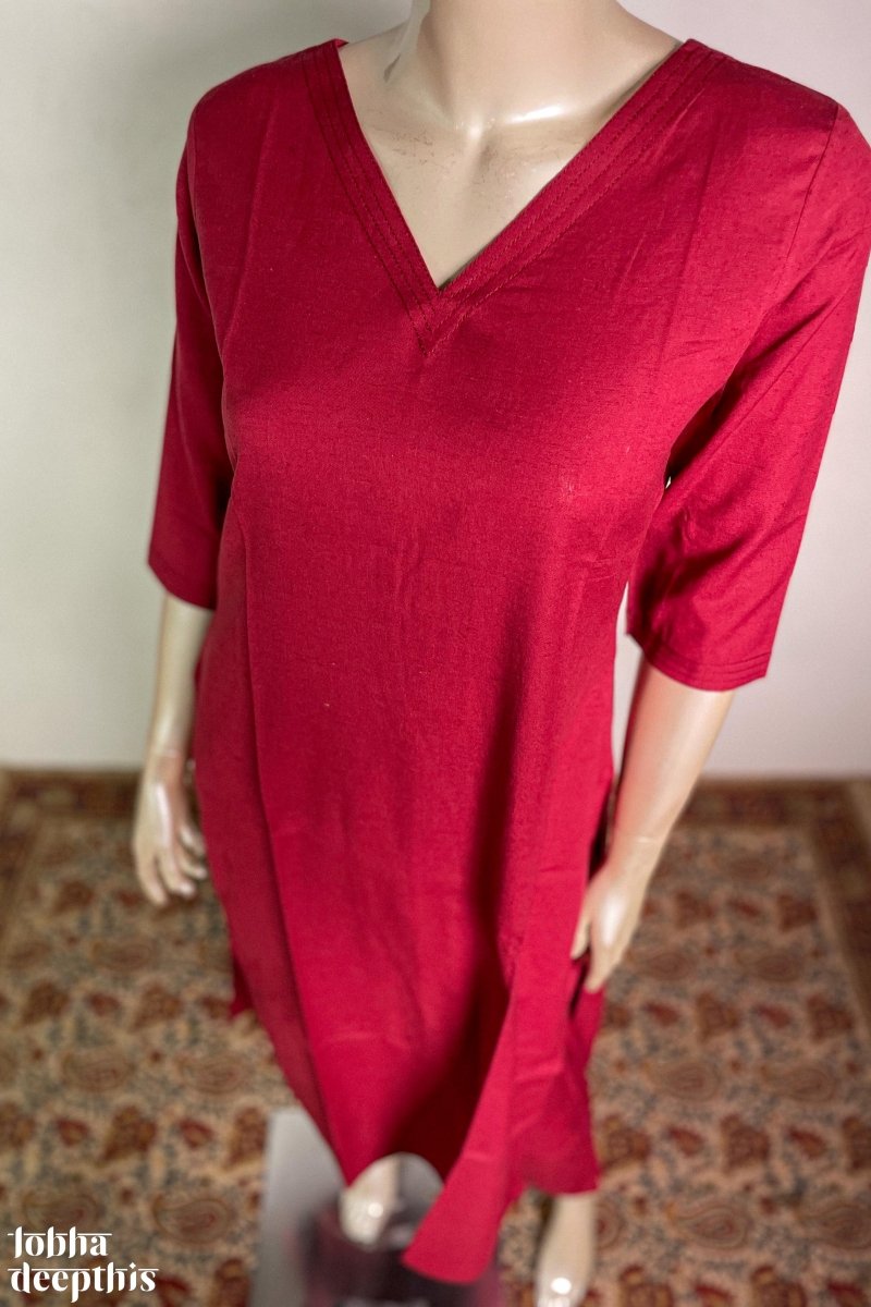 Maroon Cotton Flex V Neck Kurta - Lobha Deepthis
