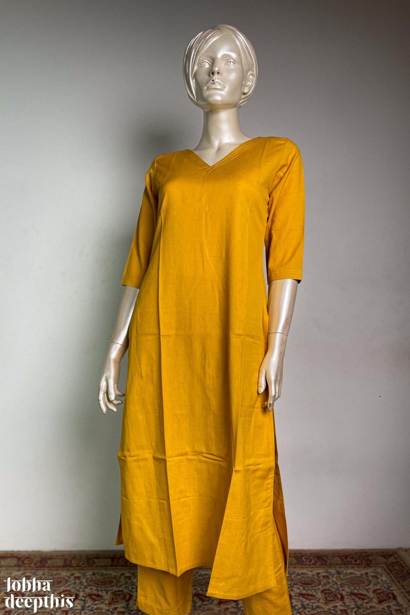 Mustard Yellow Cotton Flex V Neck Straight Kurta- Lobha Deepthis