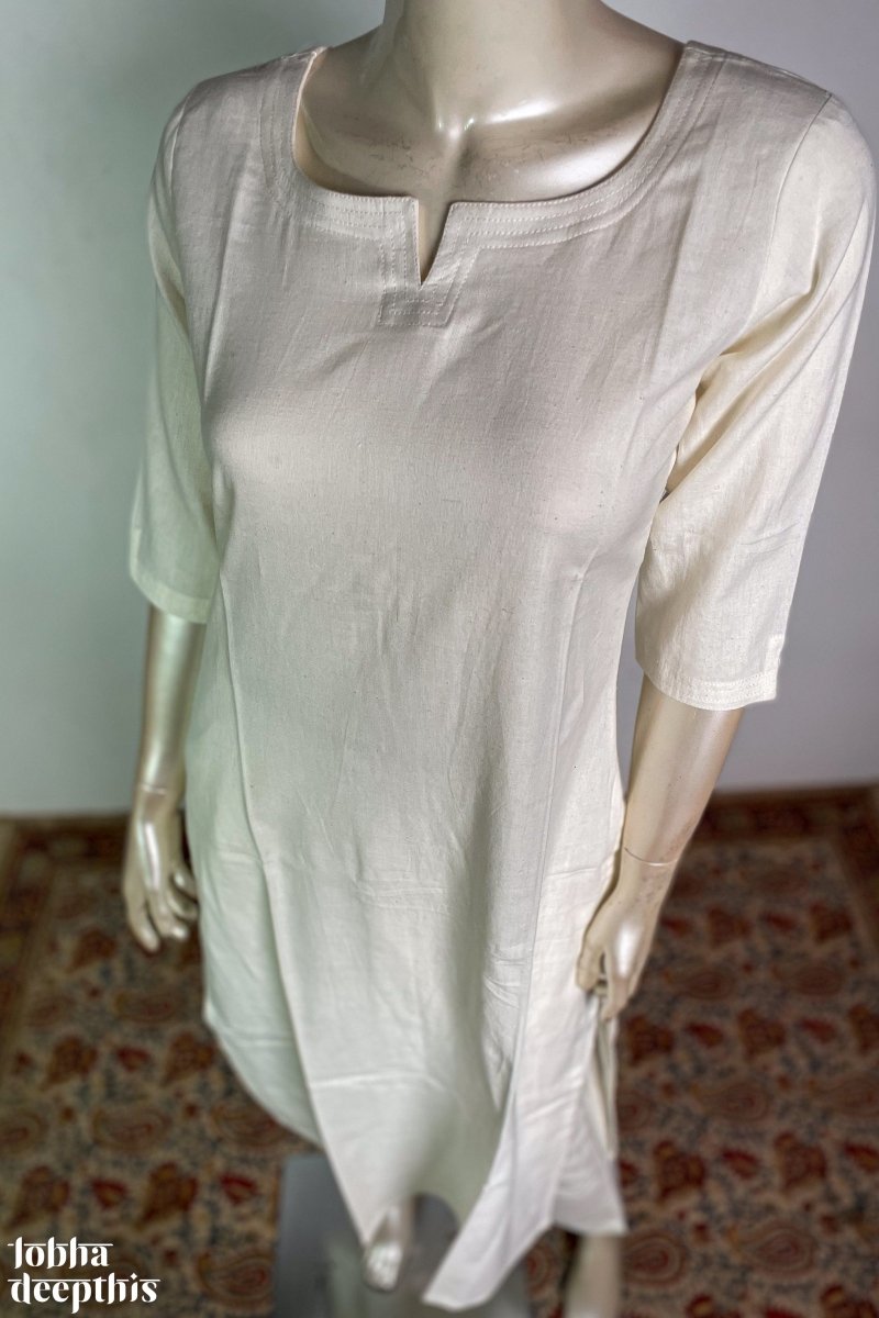 Off White Cotton Flex Round Neck Kurta - Lobha Deepthis