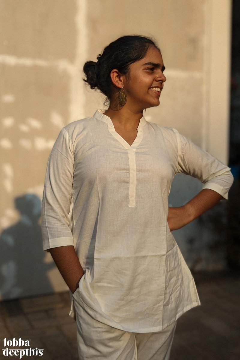 Off White Cotton Flex Short Collar Kurti - Lobha Deepthis