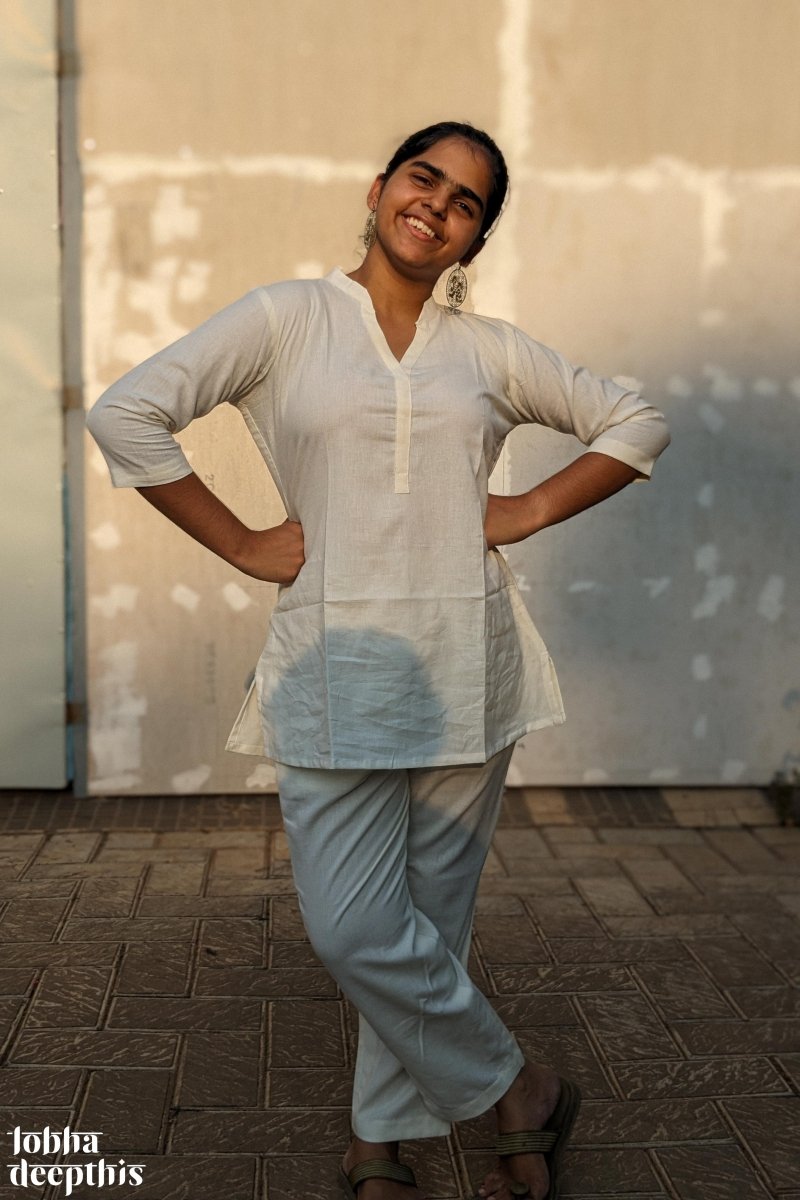 Off White Cotton Flex Short Collar Kurti - Lobha Deepthis