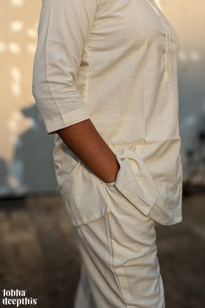 Off White Cotton Flex Short Collar Kurti - Lobha Deepthis