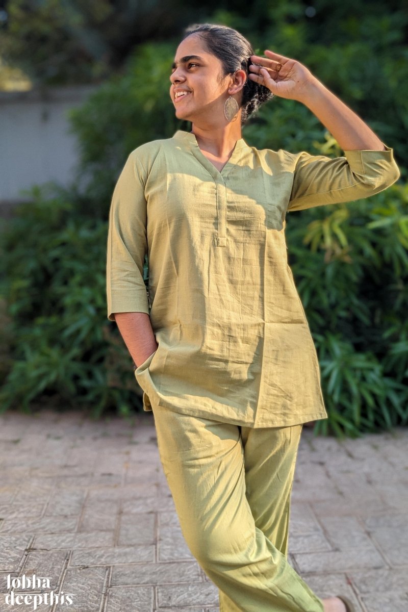 Pista Green Cotton Flex Short Collar Kurti - Lobha Deepthis