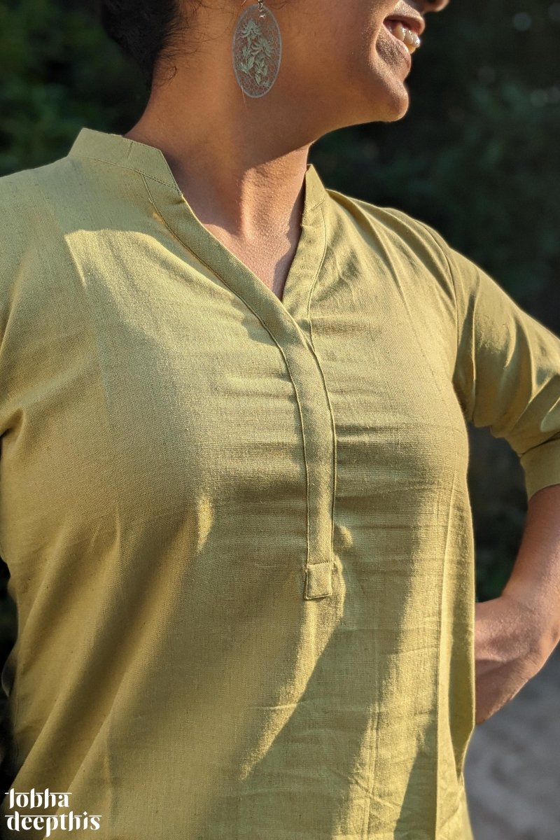 Pista Green Cotton Flex Short Collar Kurti - Lobha Deepthis