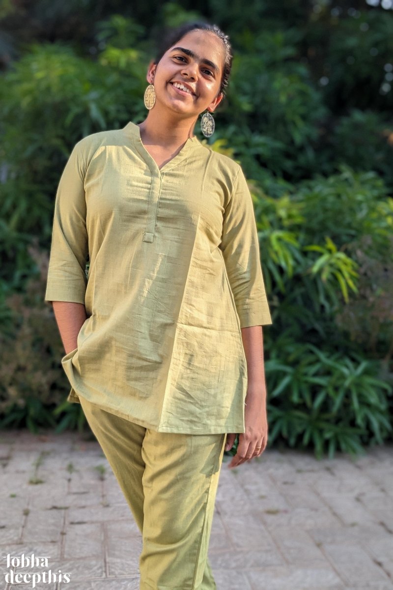 Pista Green Cotton Flex Short Collar Kurti - Lobha Deepthis
