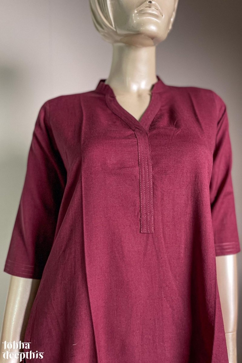 Wine Cotton Flex Collar Kurta - Lobha Deepthis