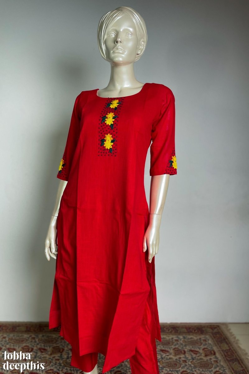 Yellow Flowers on Red Cotton Kurta