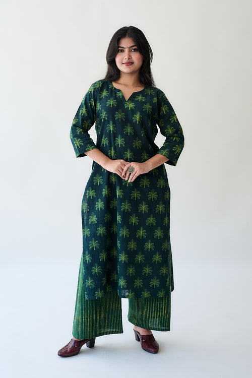 Azra Green Ajrakh Cotton Slub Kurta