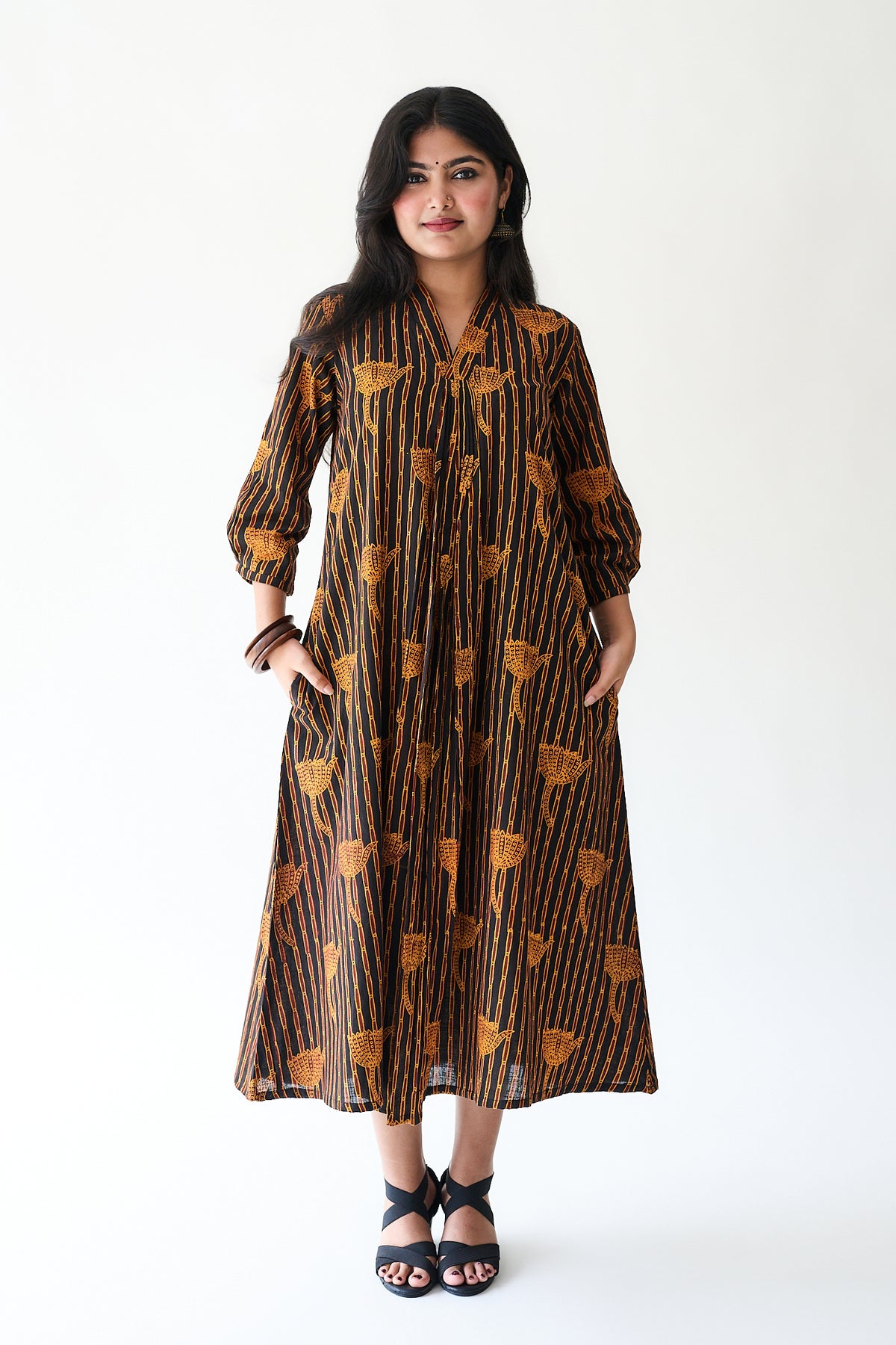 Zuleika Orange Ajrakh Front Pleated Dress