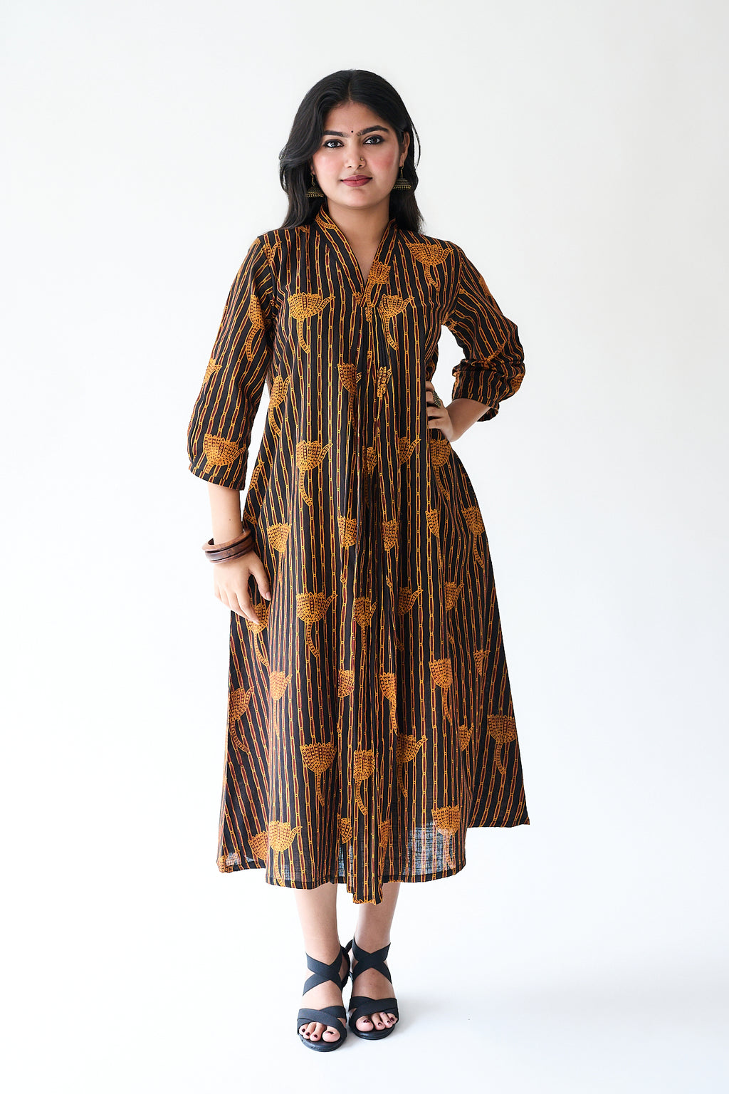Zuleika Orange Ajrakh Front Pleated Dress