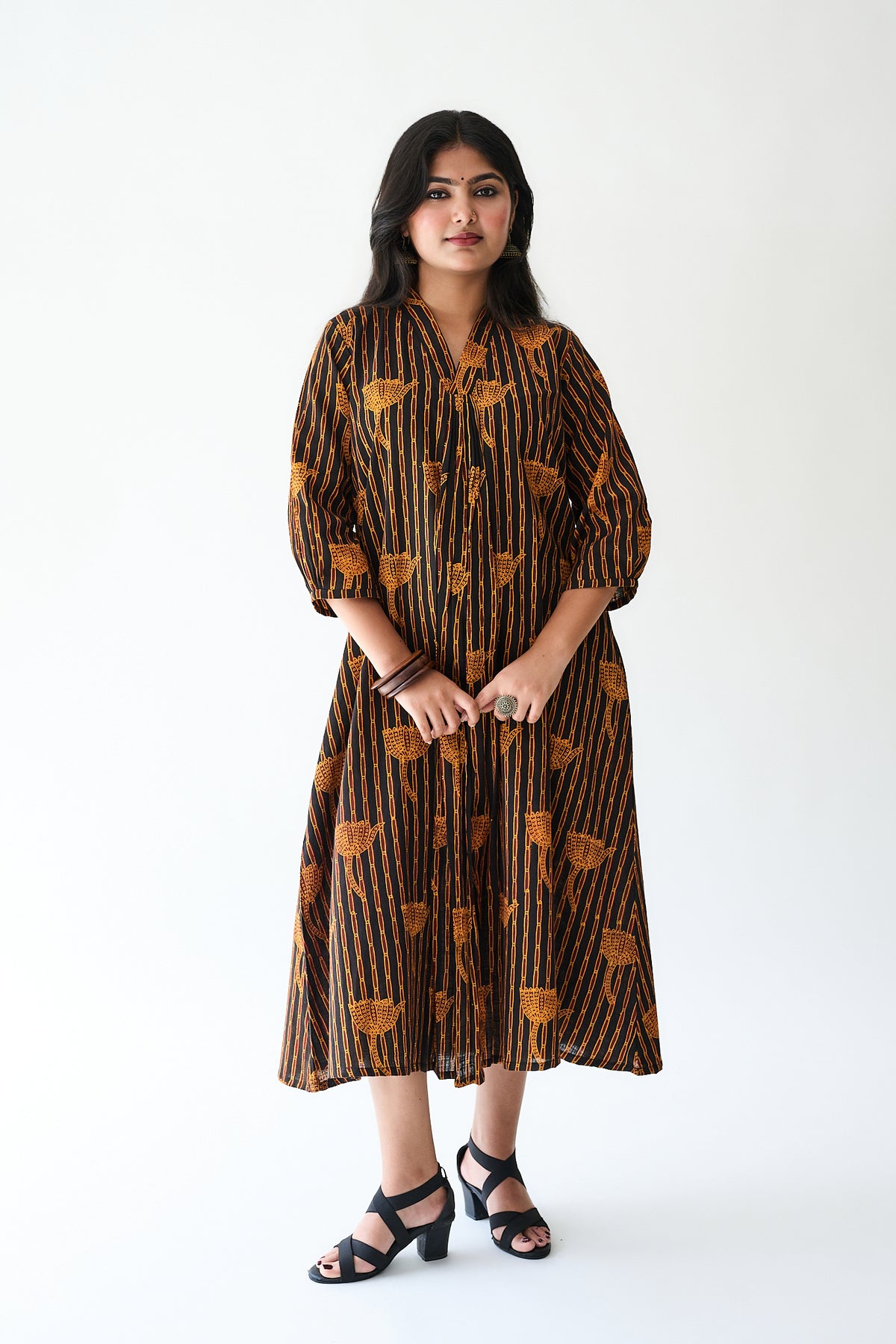 Zuleika Orange Ajrakh Front Pleated Dress