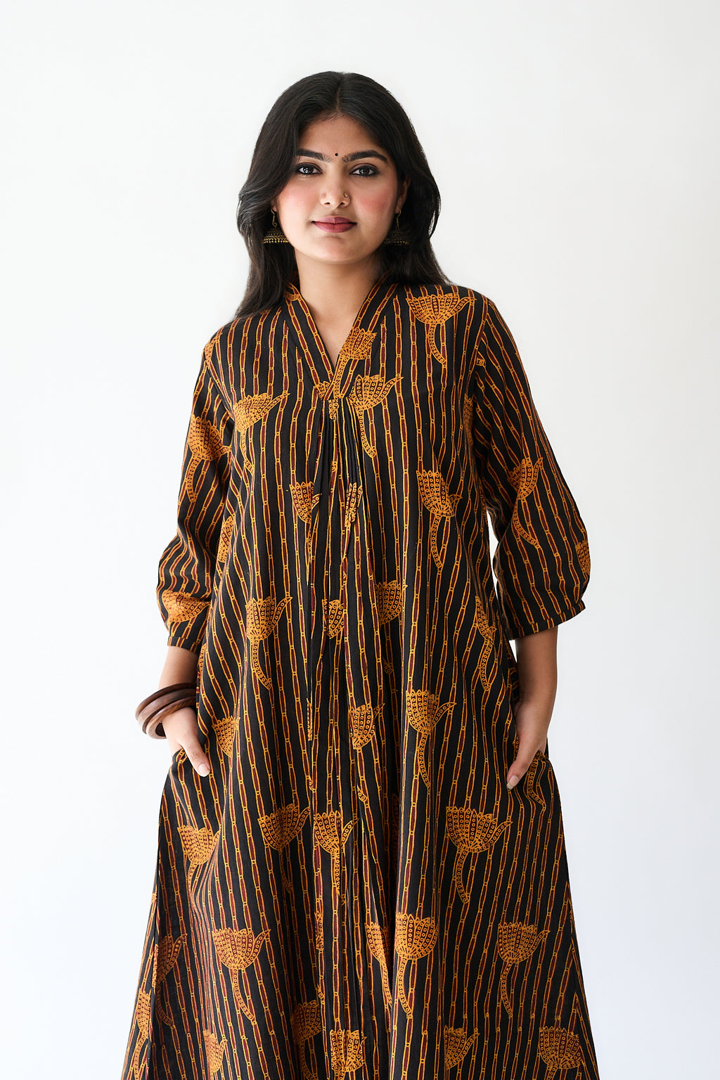 Zuleika Orange Ajrakh Front Pleated Dress