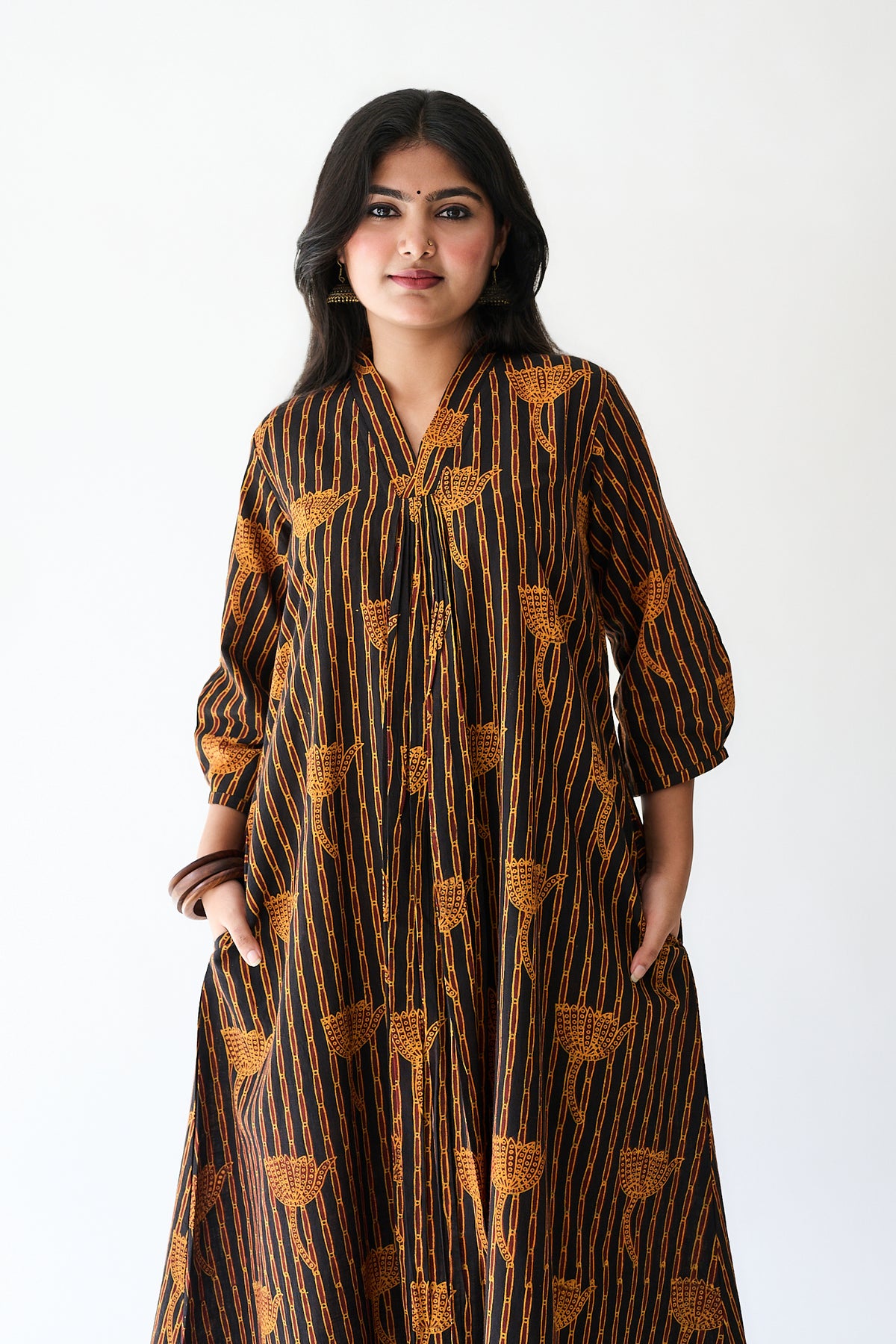 Zuleika Orange Ajrakh Front Pleated Dress
