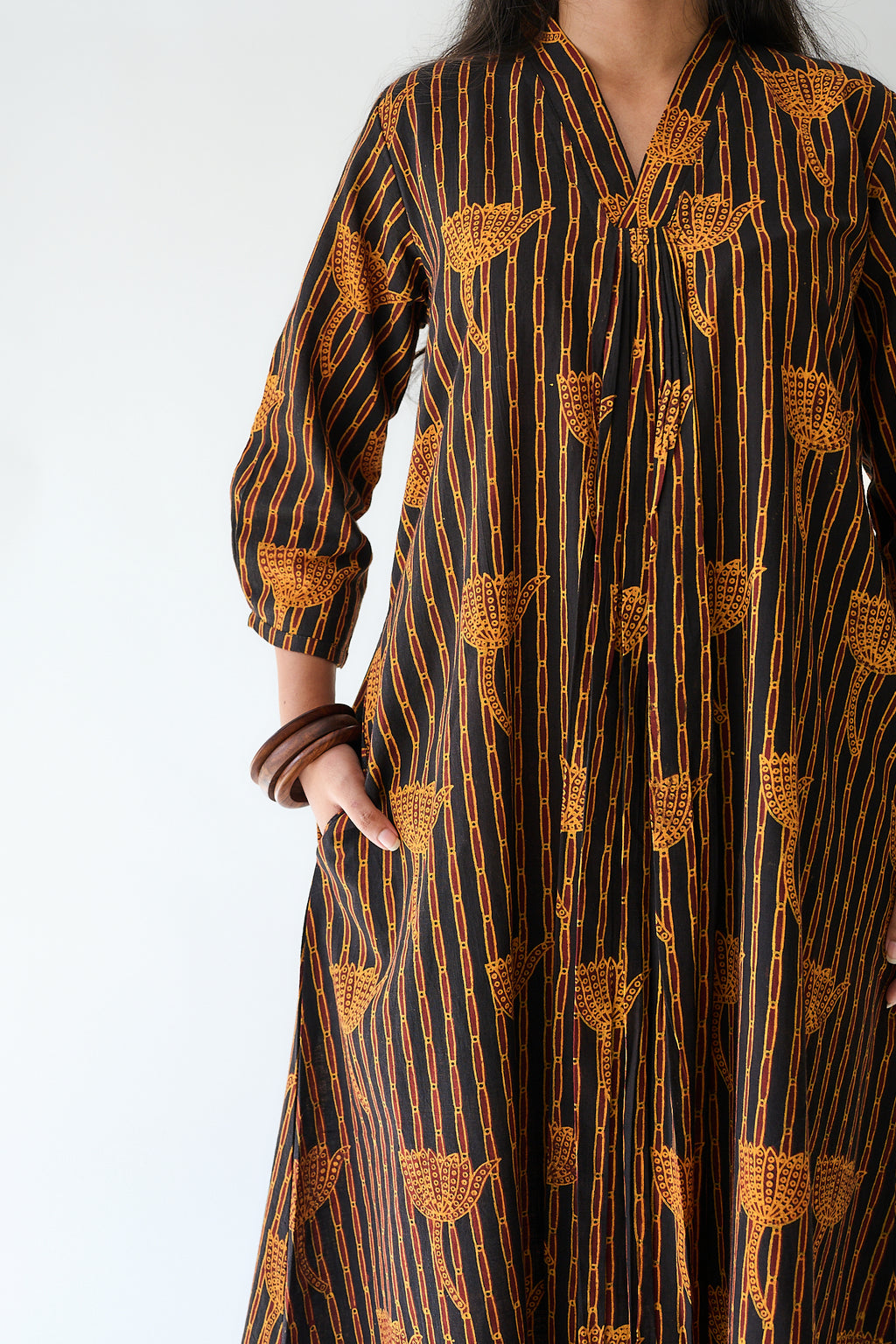Zuleika Orange Ajrakh Front Pleated Dress