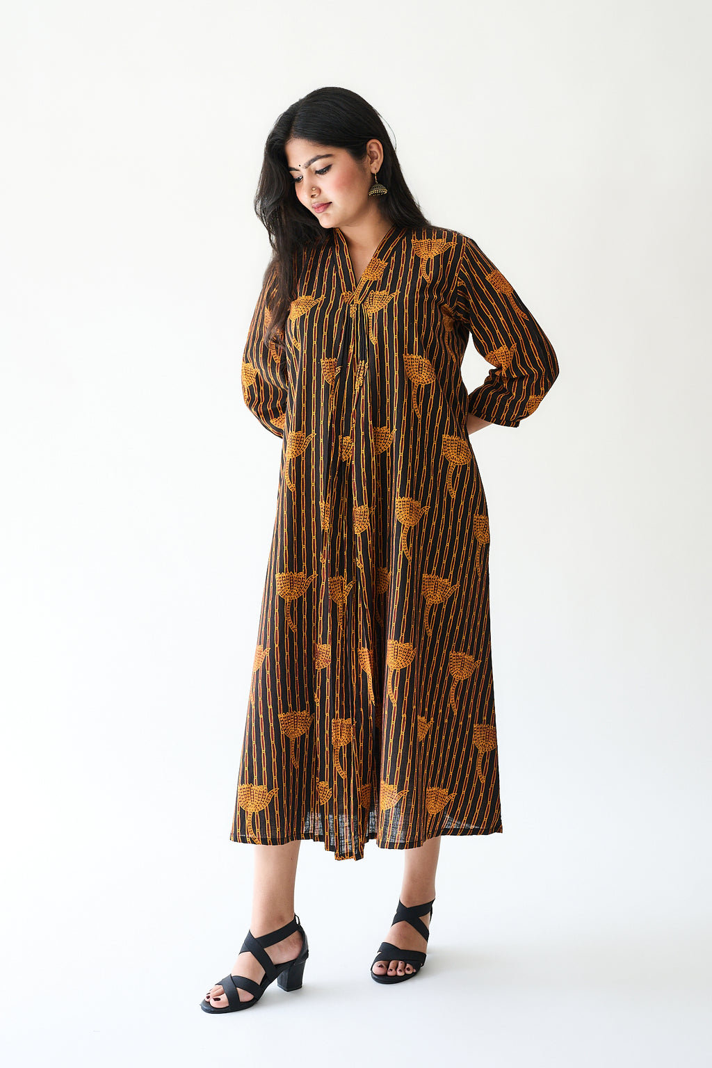 Zuleika Orange Ajrakh Front Pleated Dress