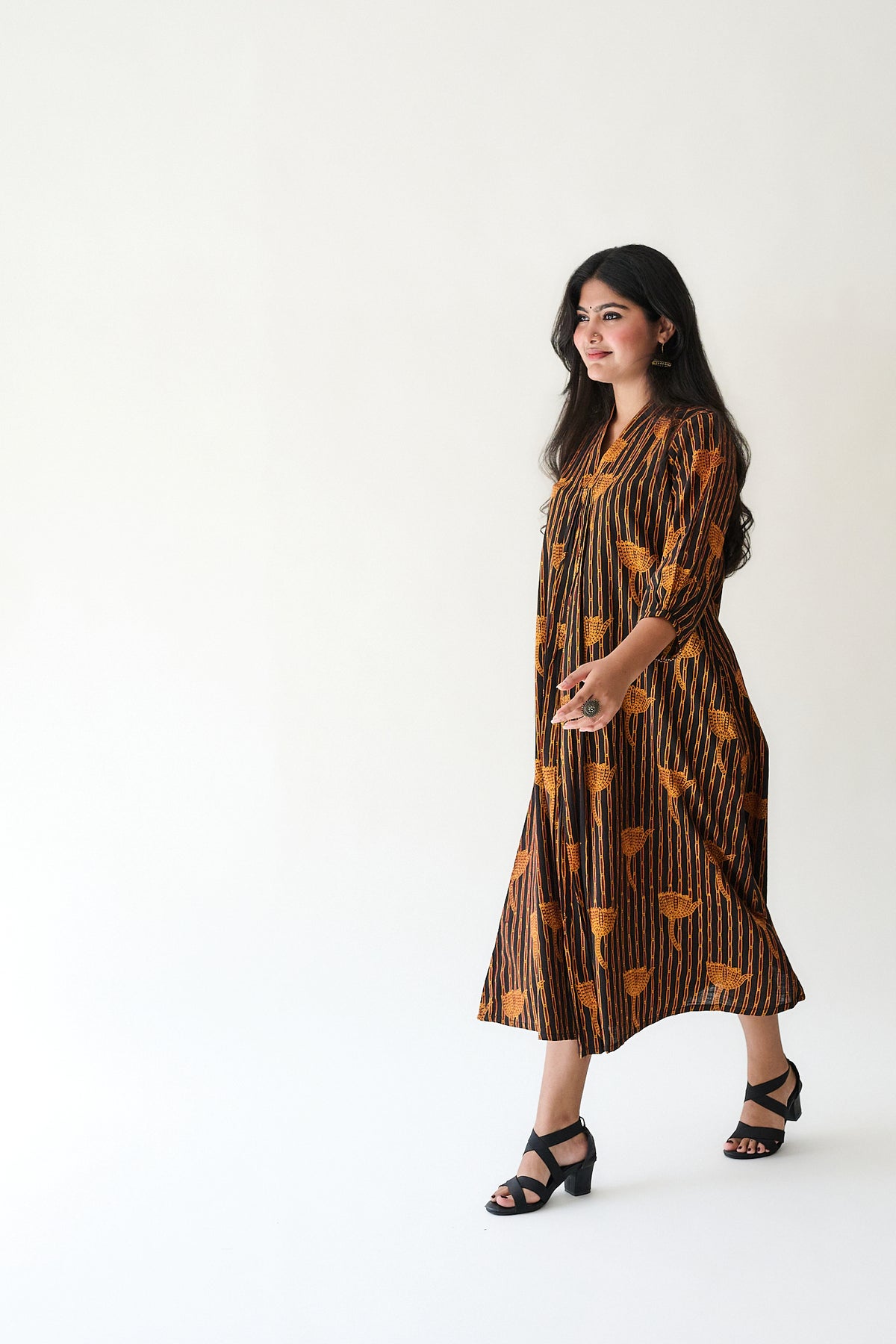 Zuleika Orange Ajrakh Front Pleated Dress