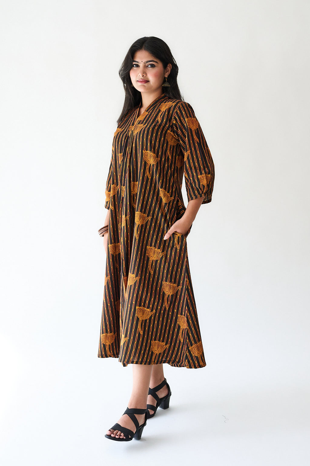 Zuleika Orange Ajrakh Front Pleated Dress