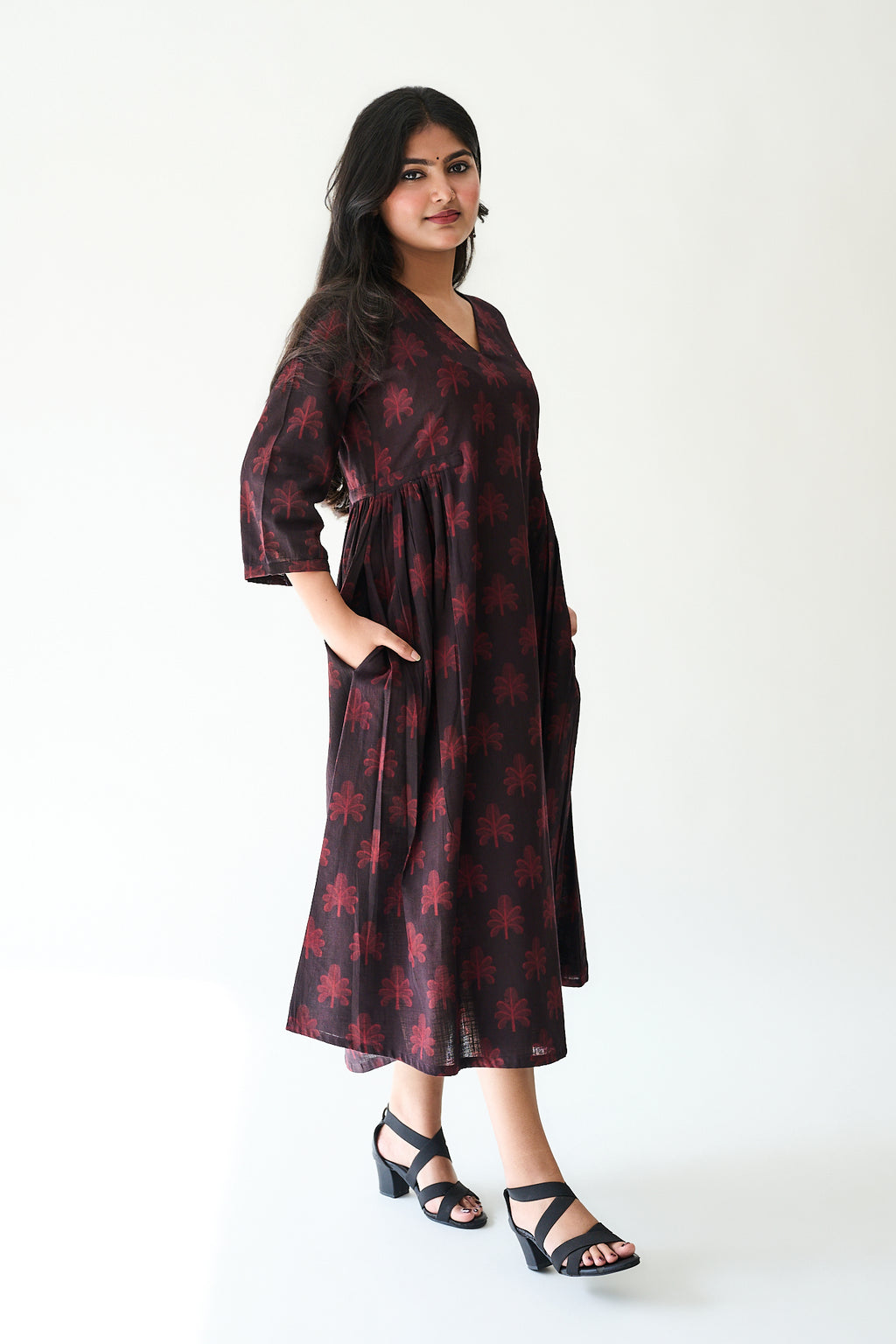 Azra Dark Wine Ajrakh Side Pleated Dress