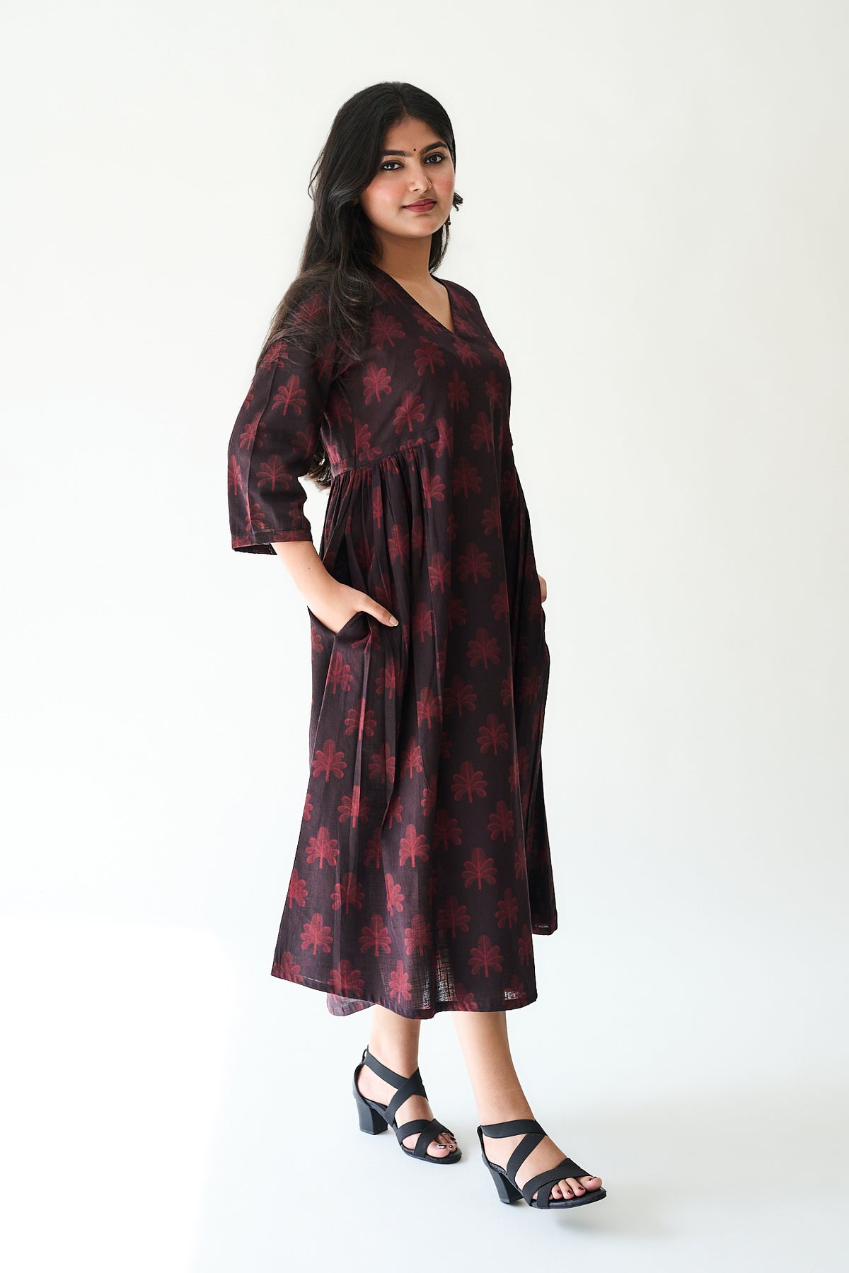 Azra Dark Wine Ajrakh Side Pleated Dress