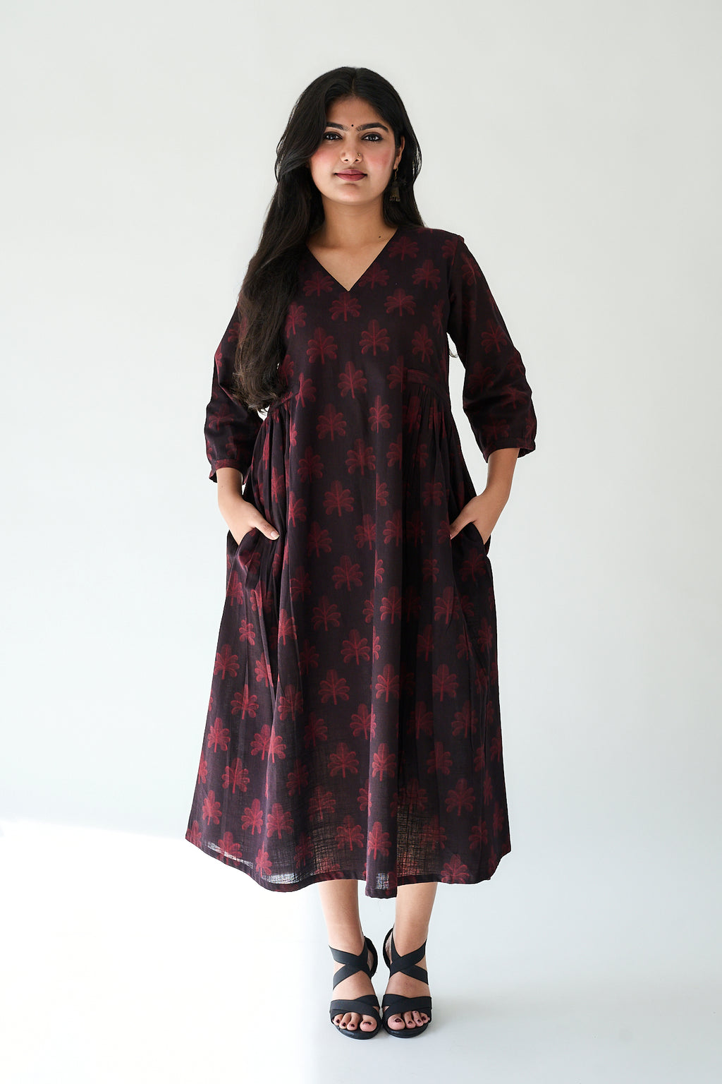 Azra Dark Wine Ajrakh Side Pleated Dress