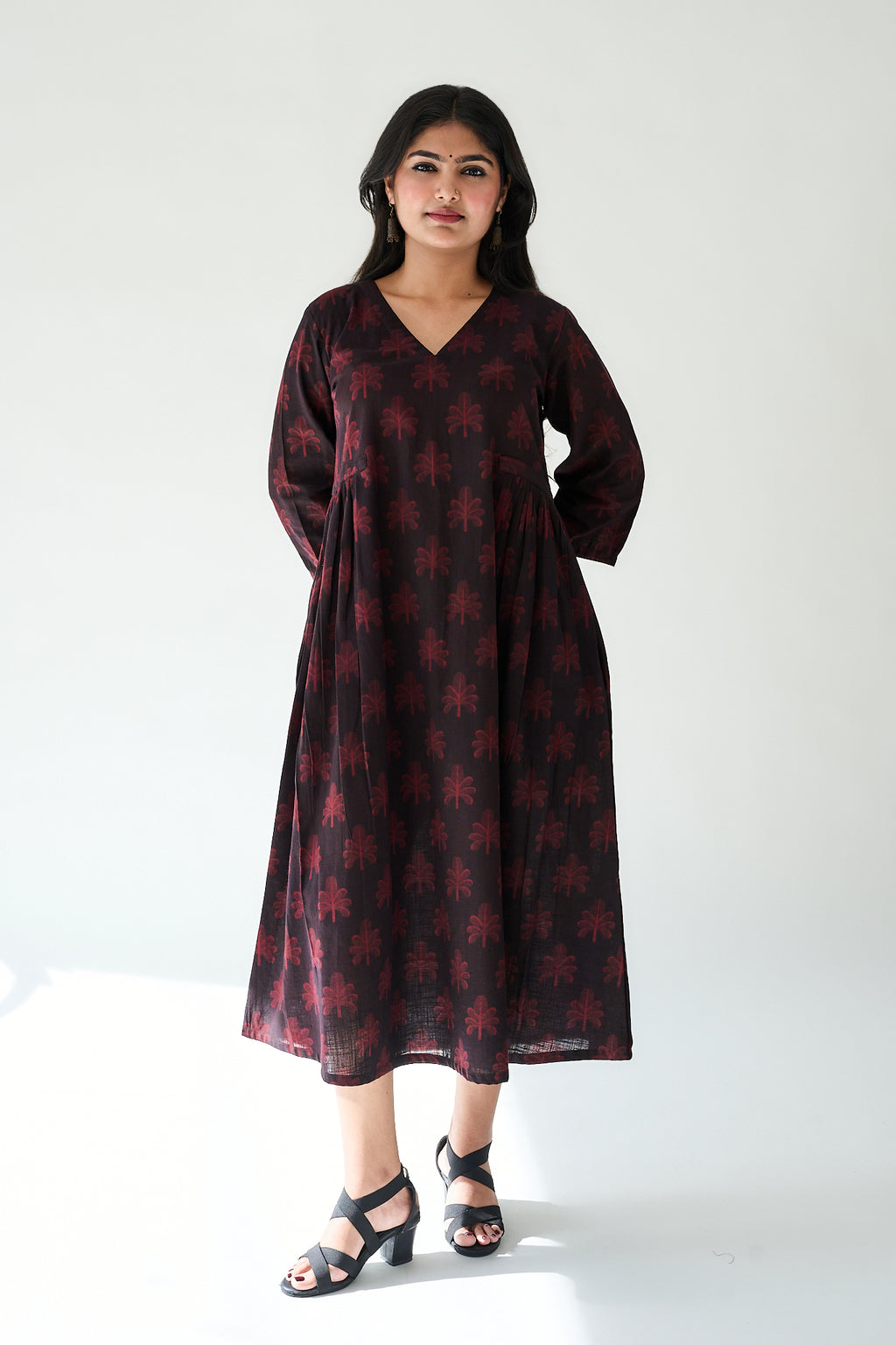 Azra Dark Wine Ajrakh Side Pleated Dress