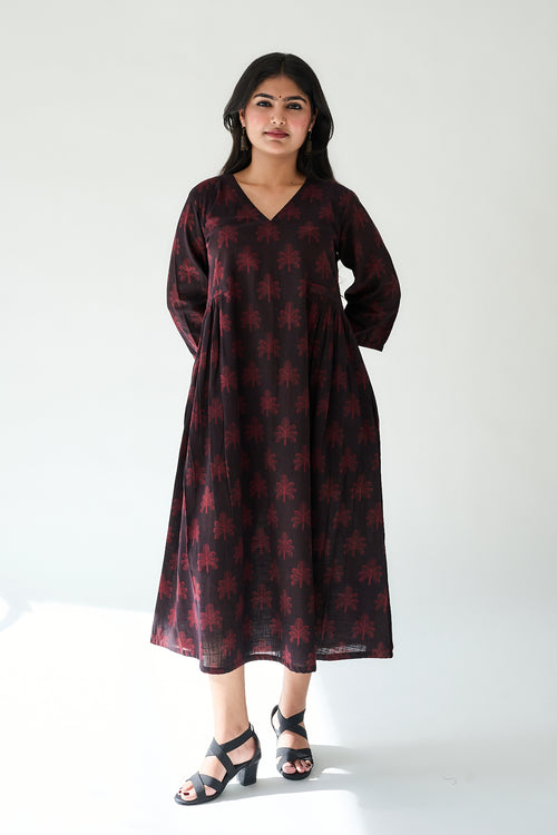 Azra Dark Wine Ajrakh Side Pleated Dress