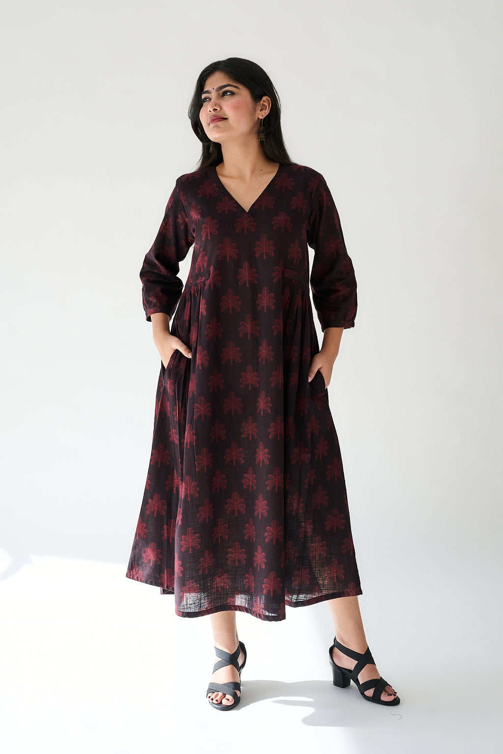 Azra Dark Wine Ajrakh Side Pleated Dress