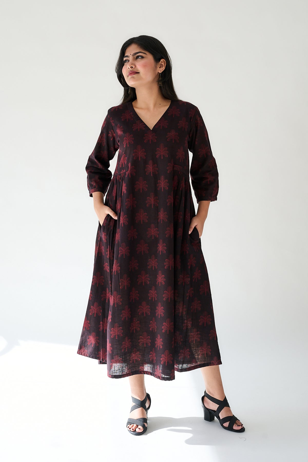 Azra Dark Wine Ajrakh Side Pleated Dress