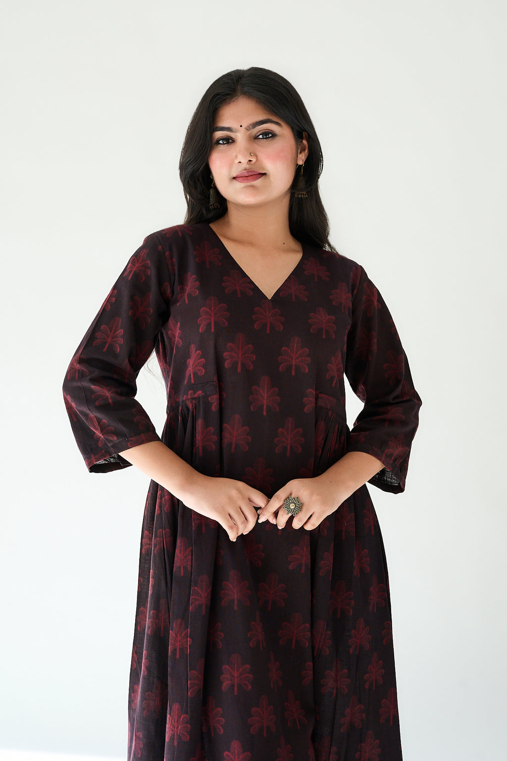 Azra Dark Wine Ajrakh Side Pleated Dress