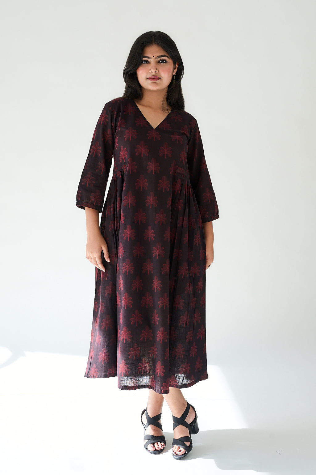 Azra Dark Wine Ajrakh Side Pleated Dress