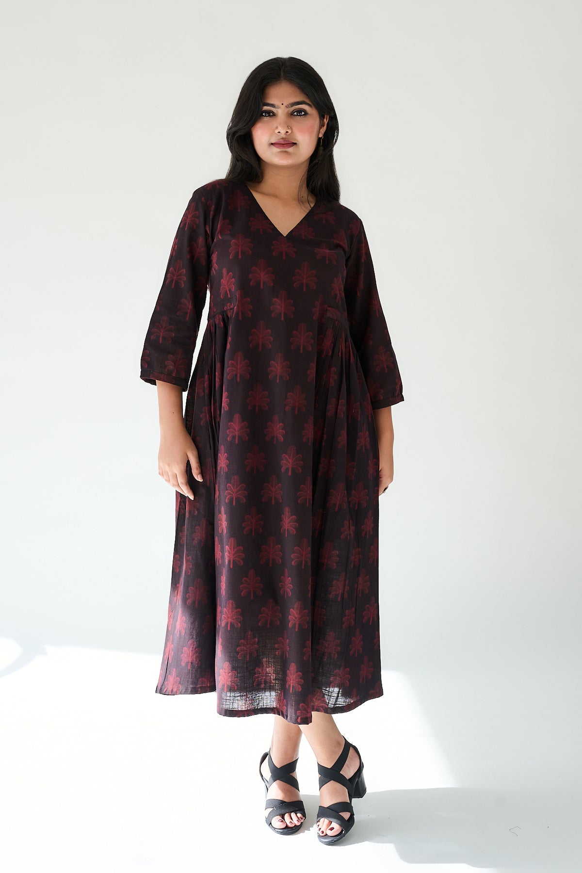 Azra Dark Wine Ajrakh Side Pleated Dress