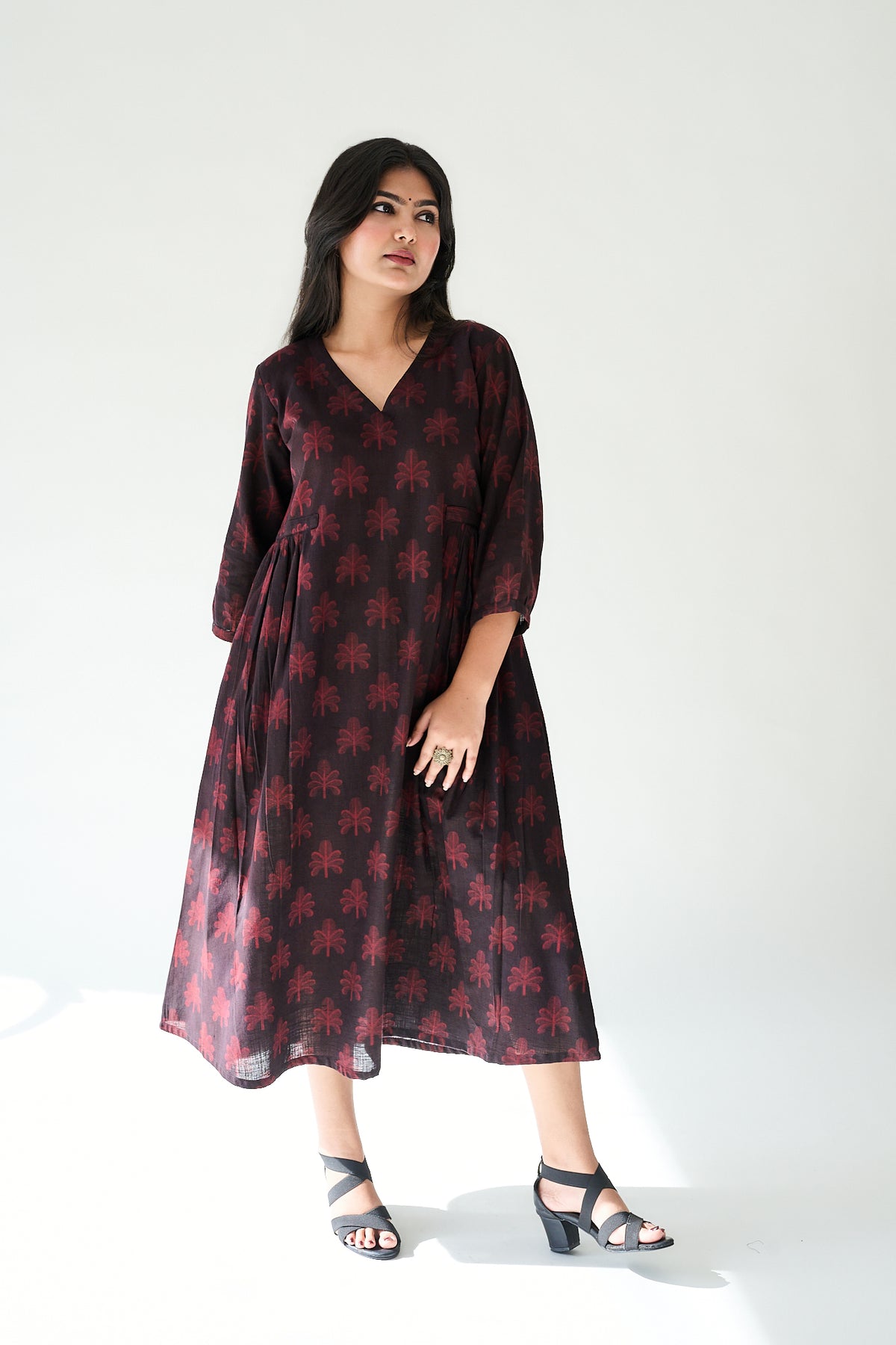 Azra Dark Wine Ajrakh Side Pleated Dress