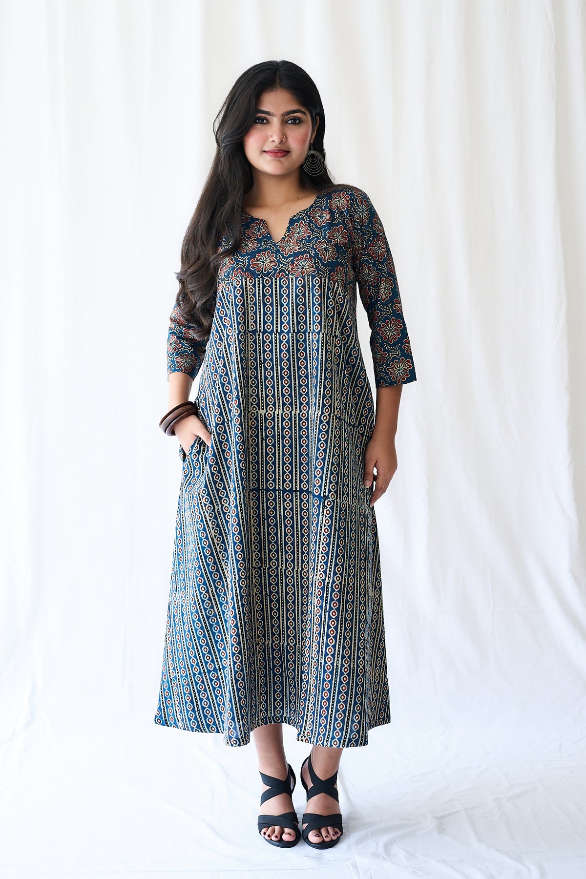Resha Indigo Ajrakh Pearl Stripes  Dress