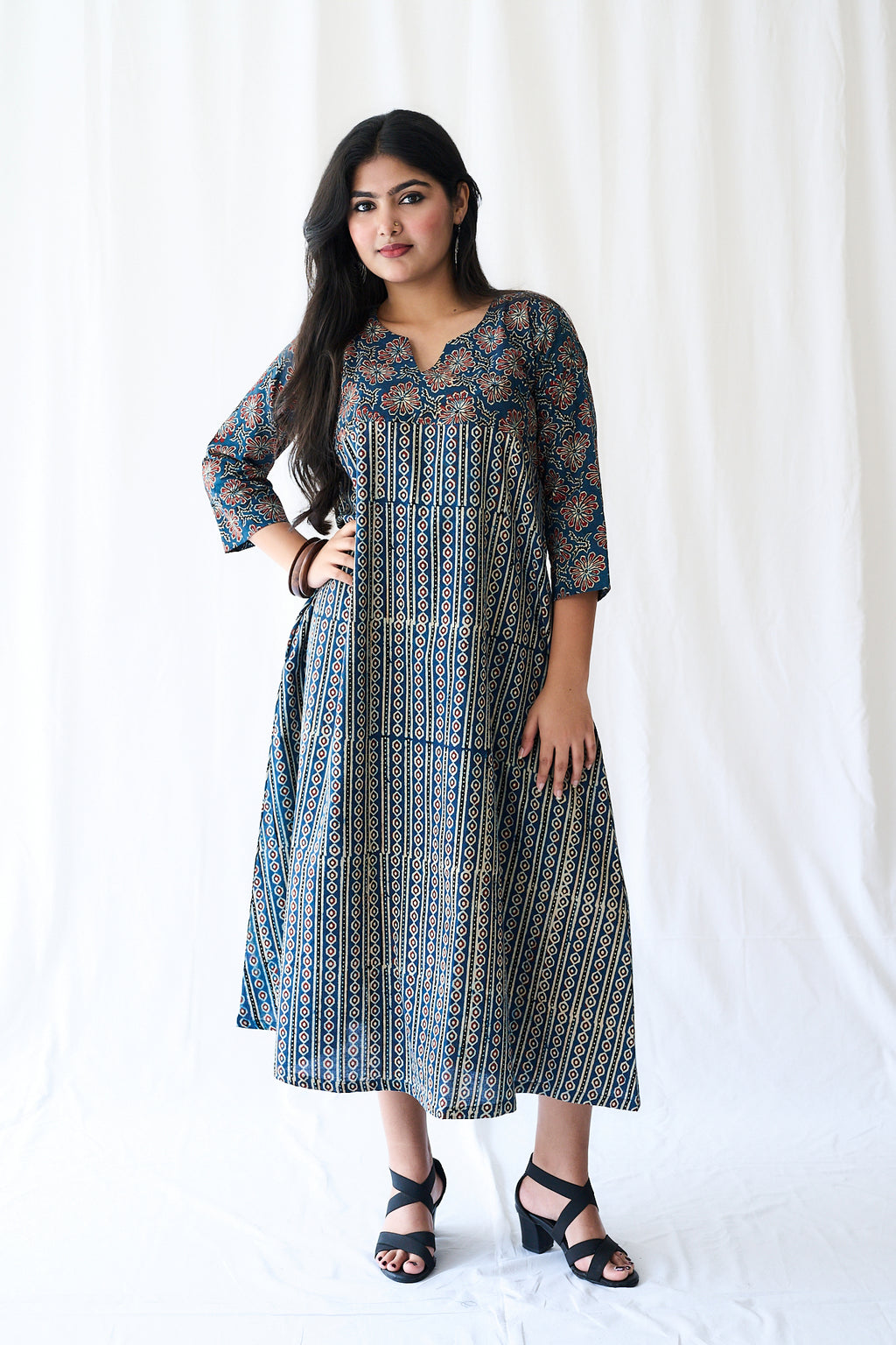 Resha Indigo Ajrakh Pearl Stripes  Dress