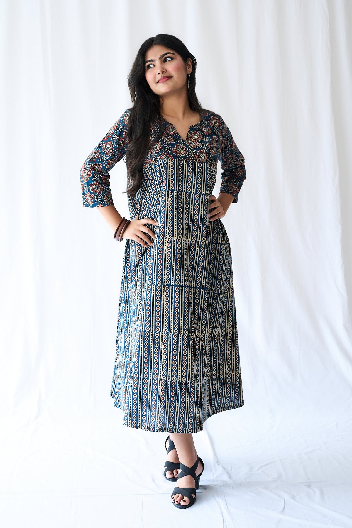 Resha Indigo Ajrakh Pearl Stripes  Dress