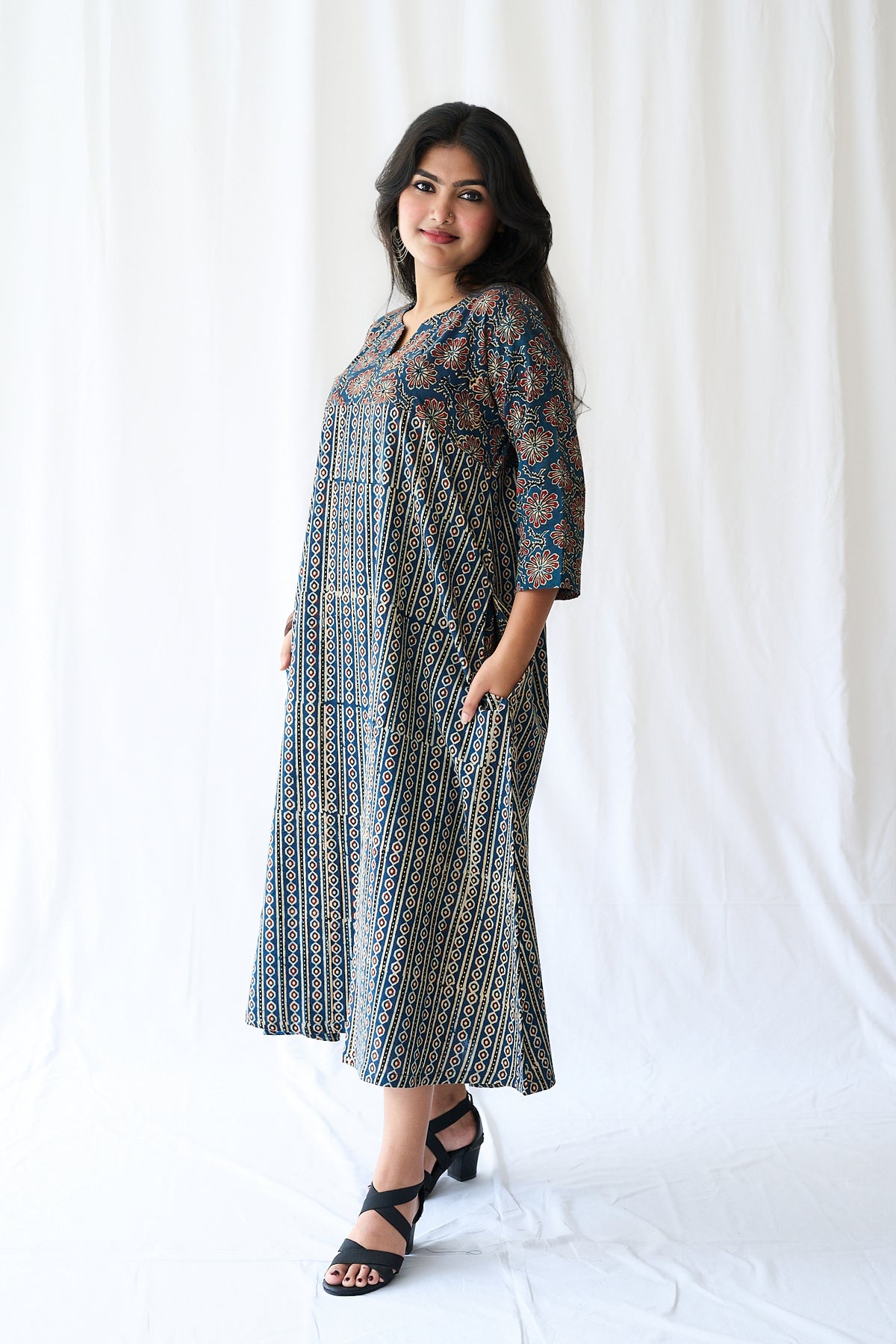 Resha Indigo Ajrakh Pearl Stripes  Dress